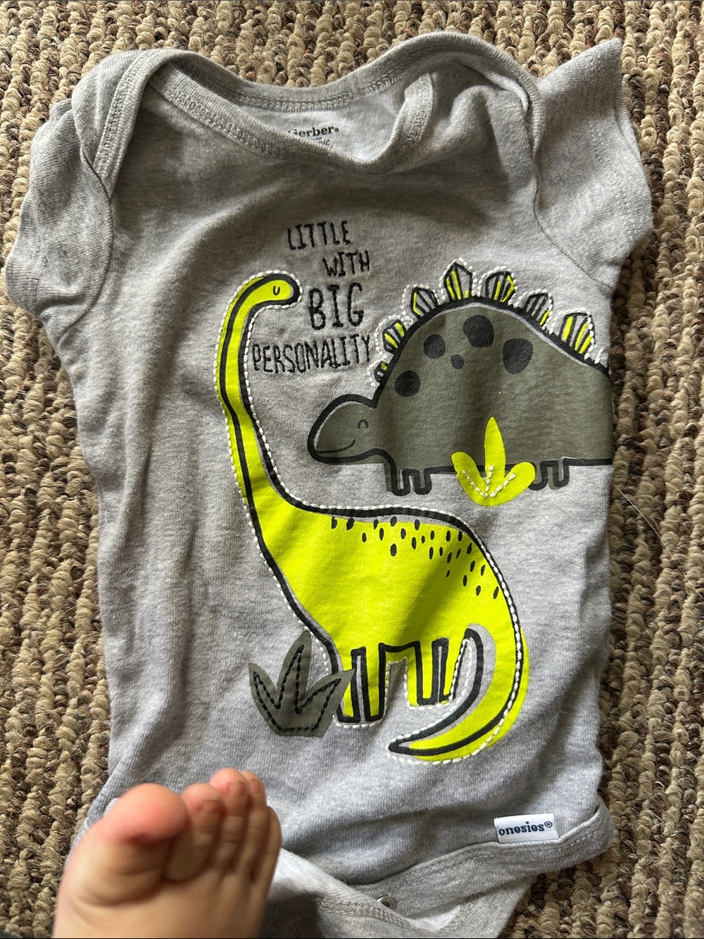 Gerber Gray Onesie with Neon Yellow & Olive Dinosaur Art